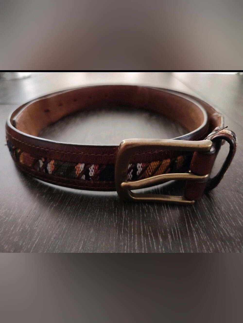Columbia Vintage Brown Leather Belt with Guatemalan Fabric Inlay Size 38/95